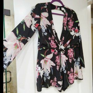 Floral Printed Romper Long Sleeve Open Back